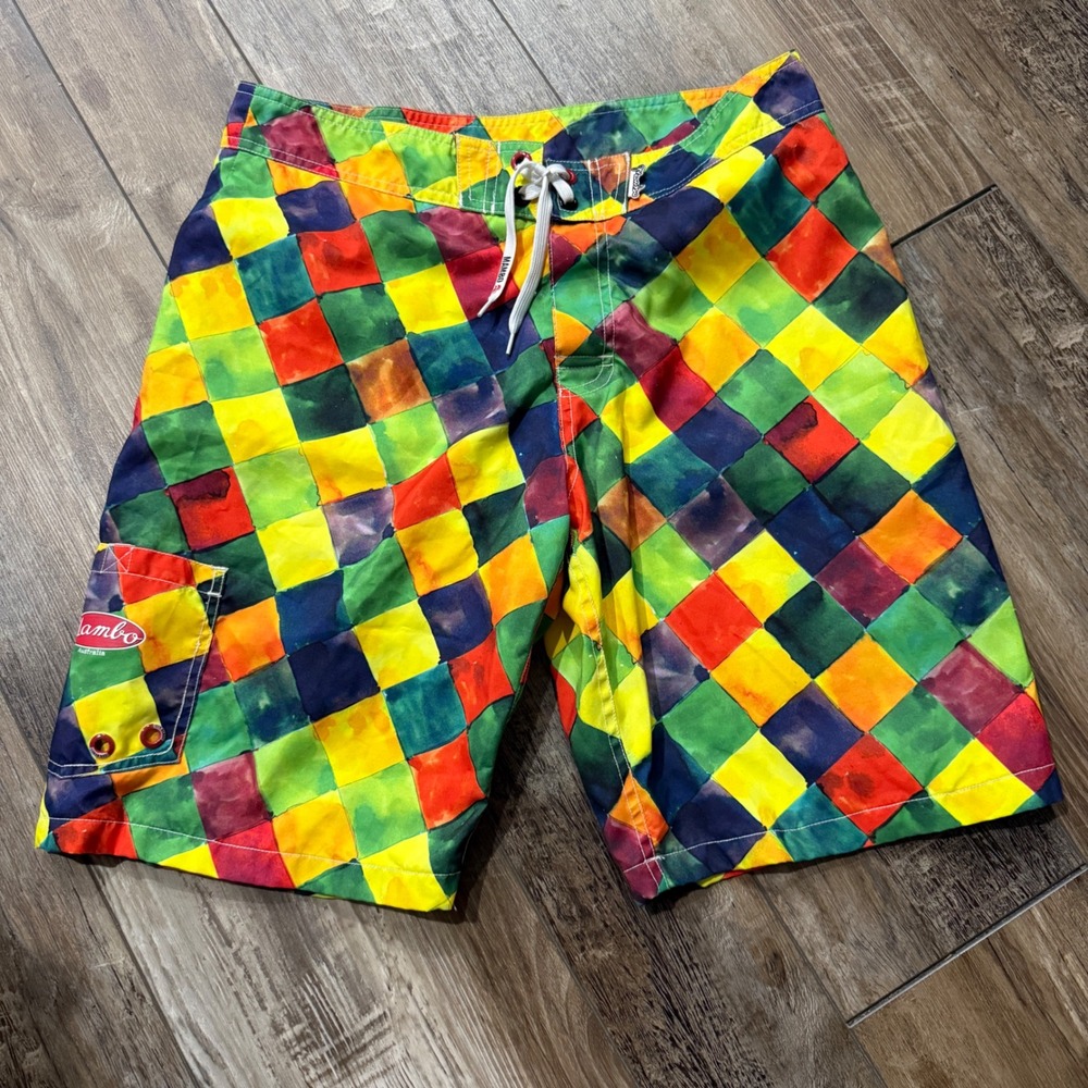 Mambo Board Shorts Mens Medium Multi Color Watercolor Checkerboard Swim Trunks